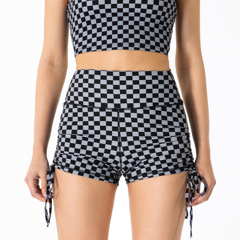 Women's High Waist Hip Raise Checkerboard Sports Shorts