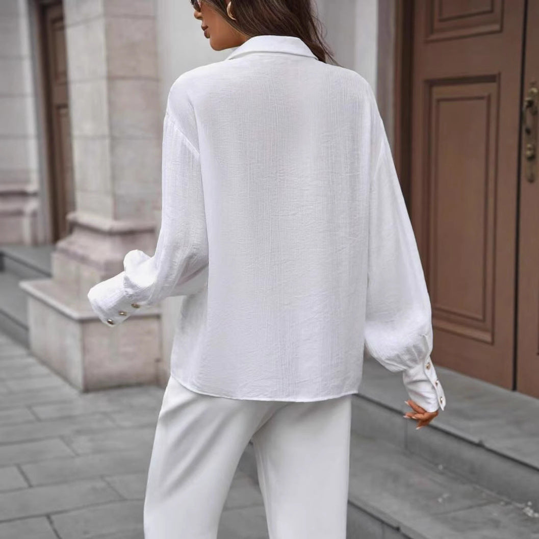 Solid-Color Long-Sleeve Shirt With Front Button Details