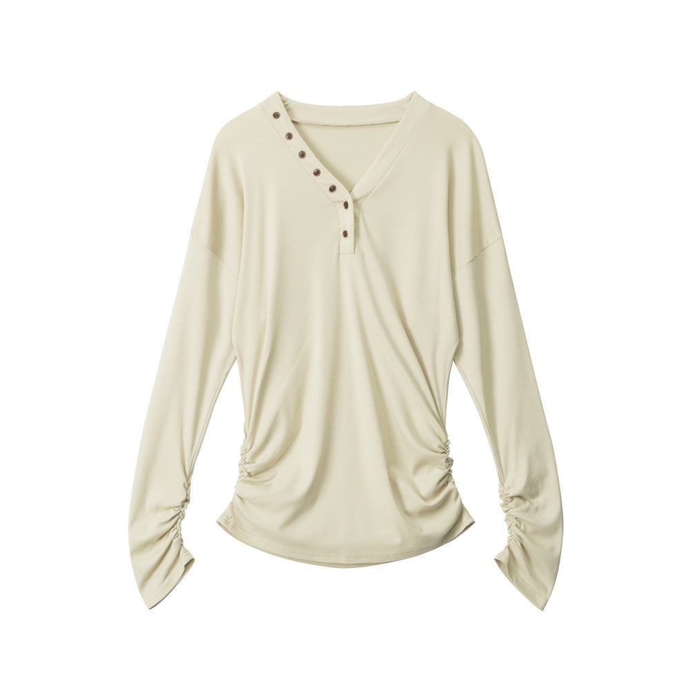 New Womens Fall Slim-fitDesigner-style V-neckWaist-cinching Long-sleeve Top