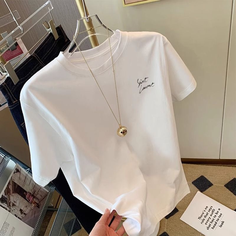 White Pure Cotton Short-sleeved T-shirt Women's American Retro