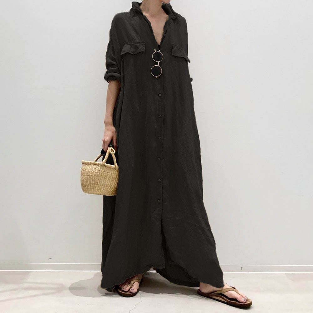 Women's New Solid Color Cardigan Long Shirt Dress