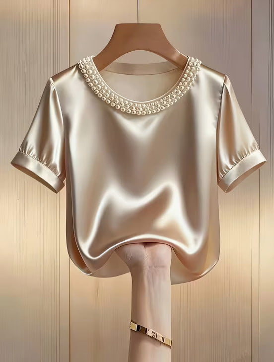 Sleek Stylish And Elegant Beaded Crew-neck Short-sleeve T-shirt