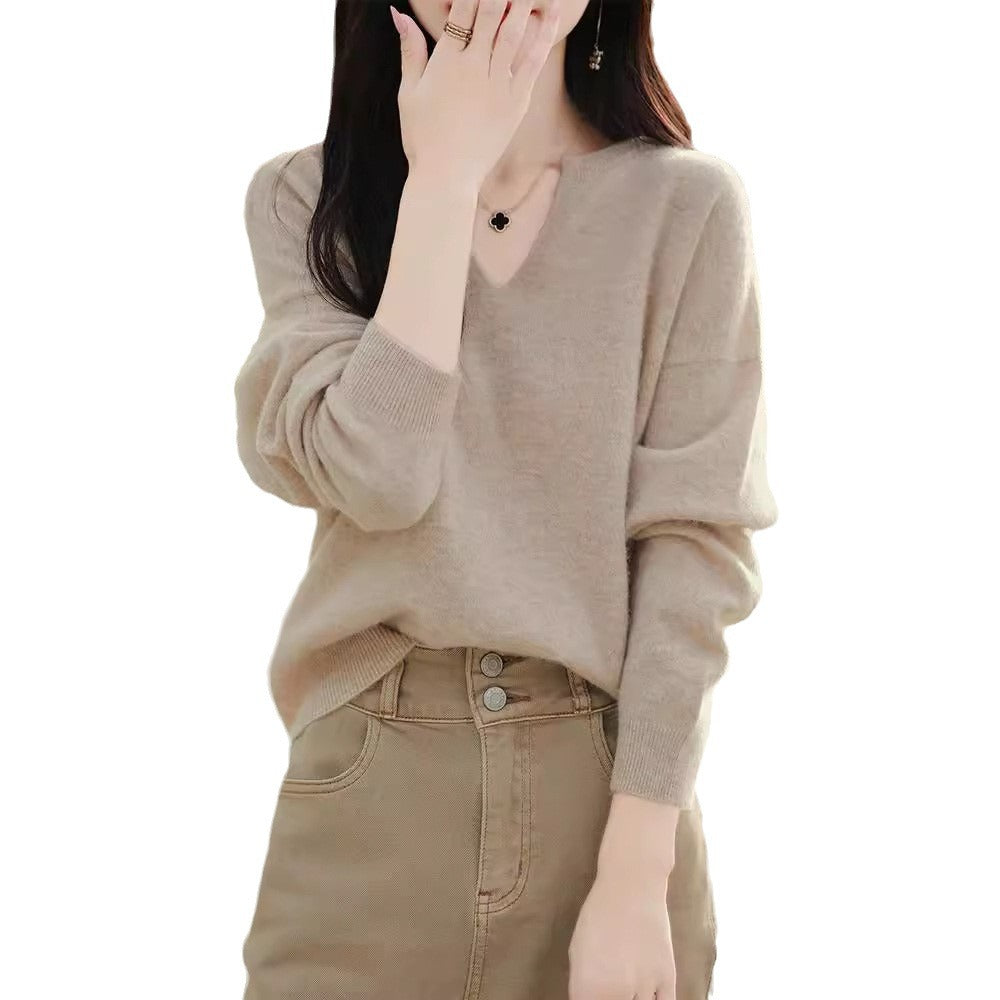 Women's Wool Sweater V-neck Drop-shoulder Pullover