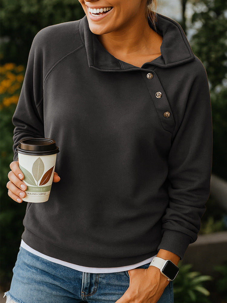 Casual Loose And Stylish Long Sleeves Button Diagonal Collar Sweater