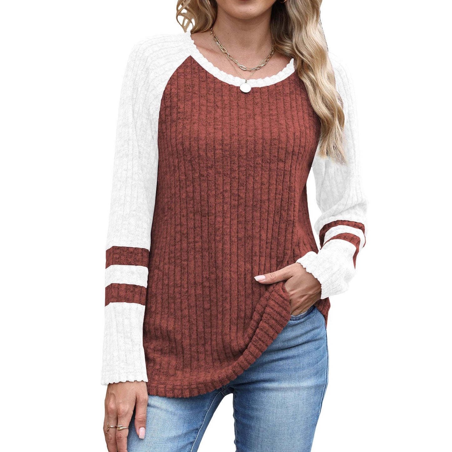 Europæisk og amerikansk mode langærmet sweater med kontrastfarve rund hals top
