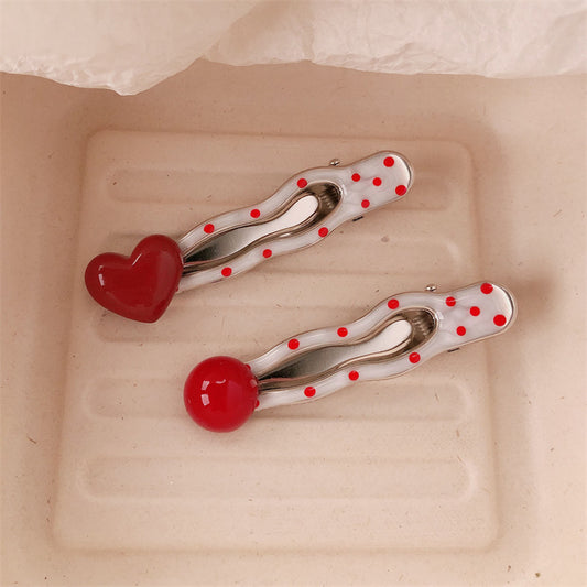 Red Stereo Love Heart-shaped Hairpin French Retro Dots Willow Leaf Clip