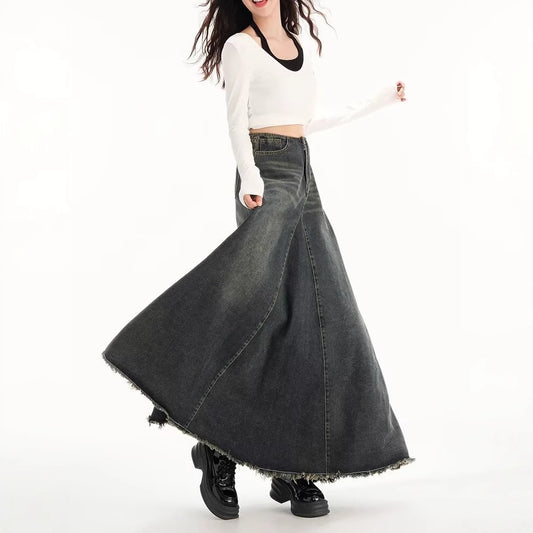 High-waisted Figure-flattering A-line Flared Retro Denim Skirt That Hugs The Hips