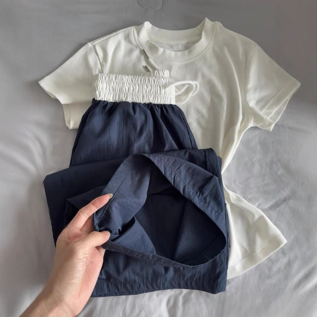 Navy Blue T-shirt With Contrasting Color Patchwork