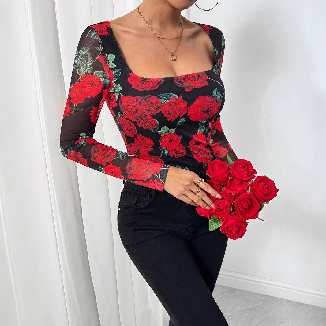 Romantic Rose Flower Mesh Printed Sexy U-neck T-shirt