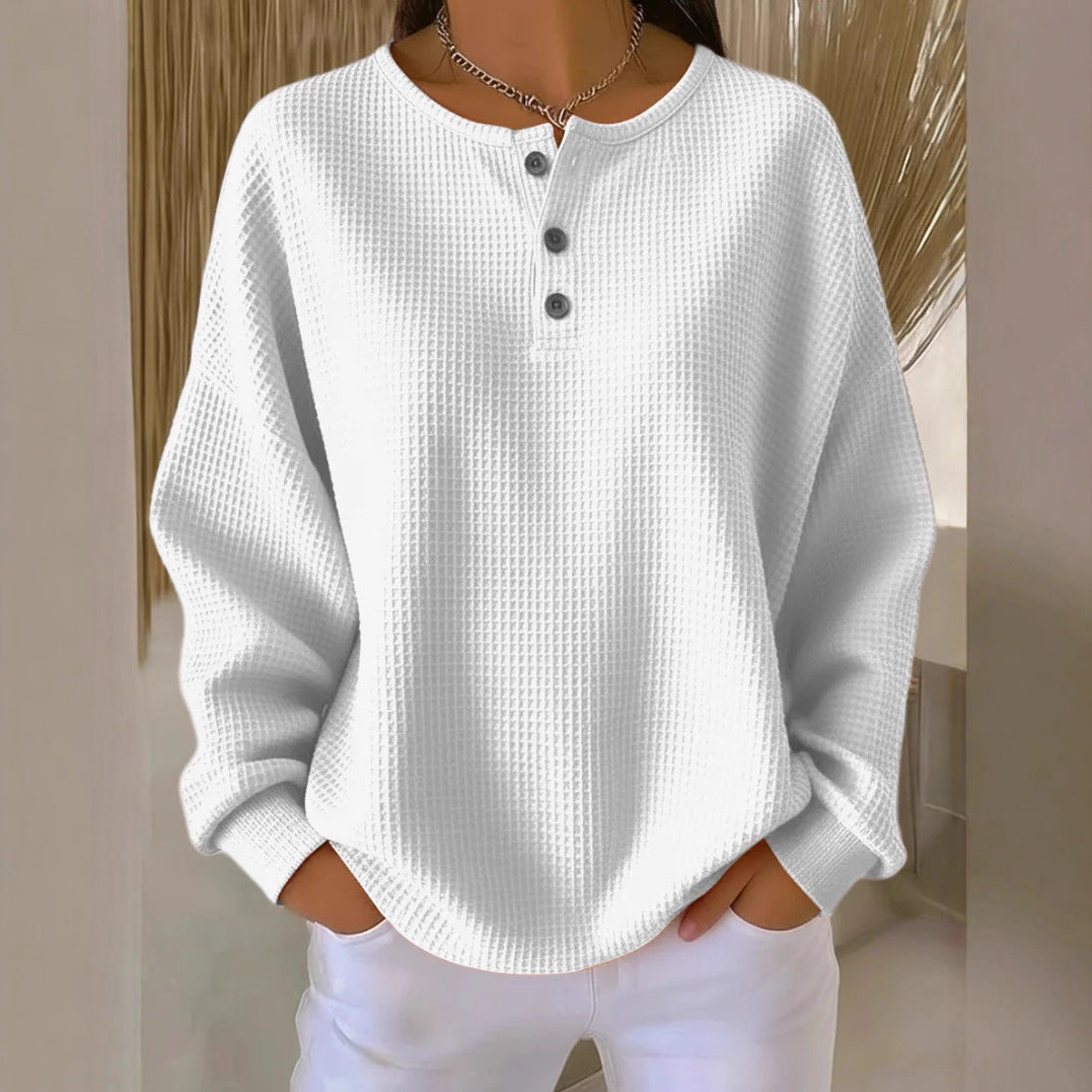 Ins Waffle Langærmet T-shirt Mode Ensfarvet Knapper Rund Hals Pullover Top Damebeklædning