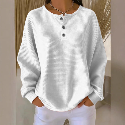 Ins Waffle Langærmet T-shirt Mode Ensfarvet Knapper Rund Hals Pullover Top Damebeklædning