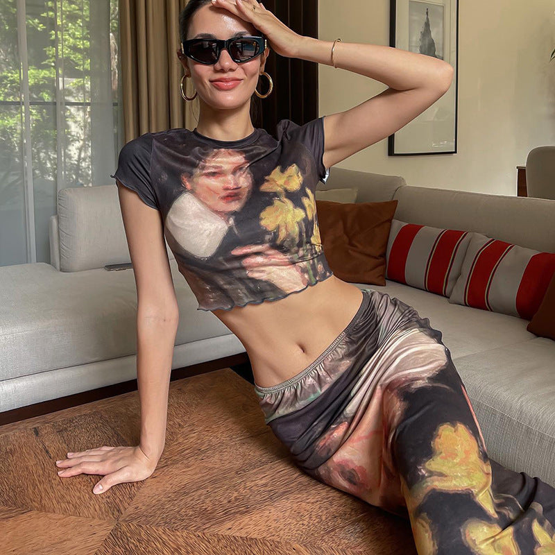 Women's Printed Round Neck Short Sleeve T-shirt Long Dress Suit