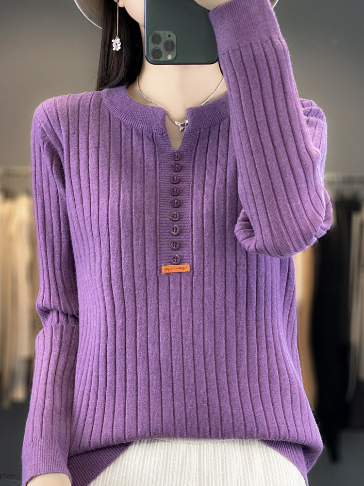 Long Sleeve Round V-neck Sweater Solid Color
