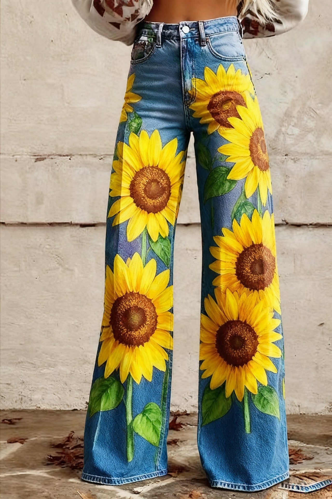 Floral-patterned Slim-fit Faux Denim Wide-leg Pants