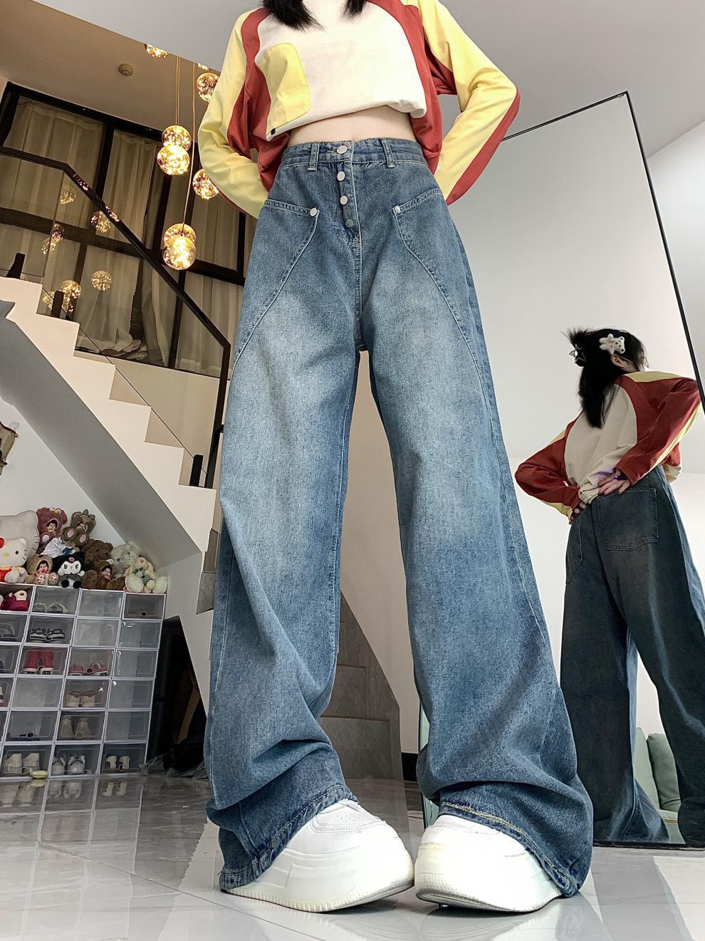 Retro Washed Worn Jeans Slimming And Straight Bootleg Pants