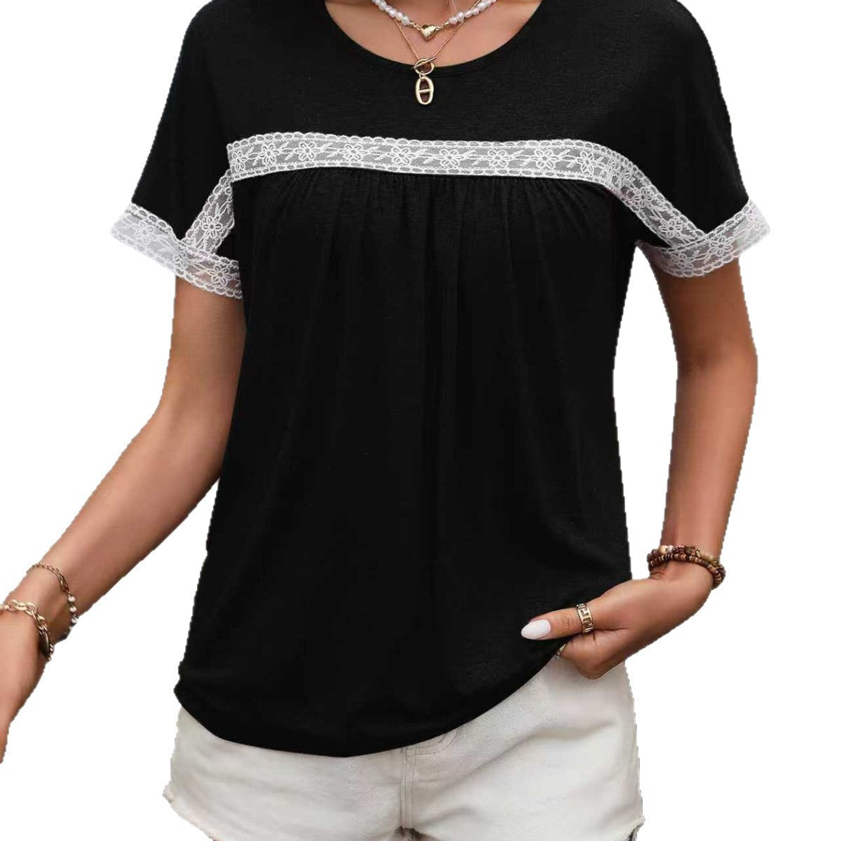 Crew-neck Lace-panel Short Sleeves