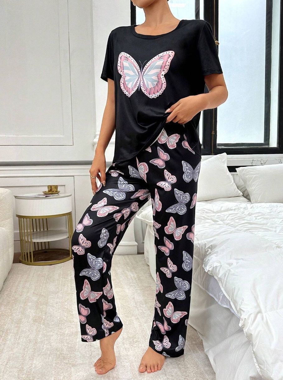 Home Round Neck Printed Short Sleeve T-shirt Top And Trousers Suit