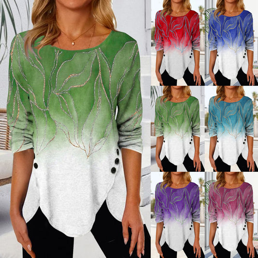 Printed Buttons Irregular Hem Crew Neck Mid Sleeve T-Shirt