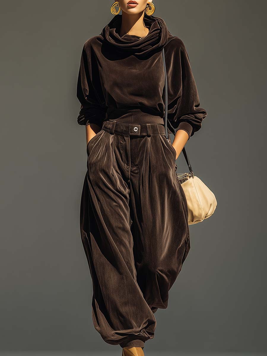 Velvet Hooded Long-sleeve With Tapered Pants Casual Set For Women