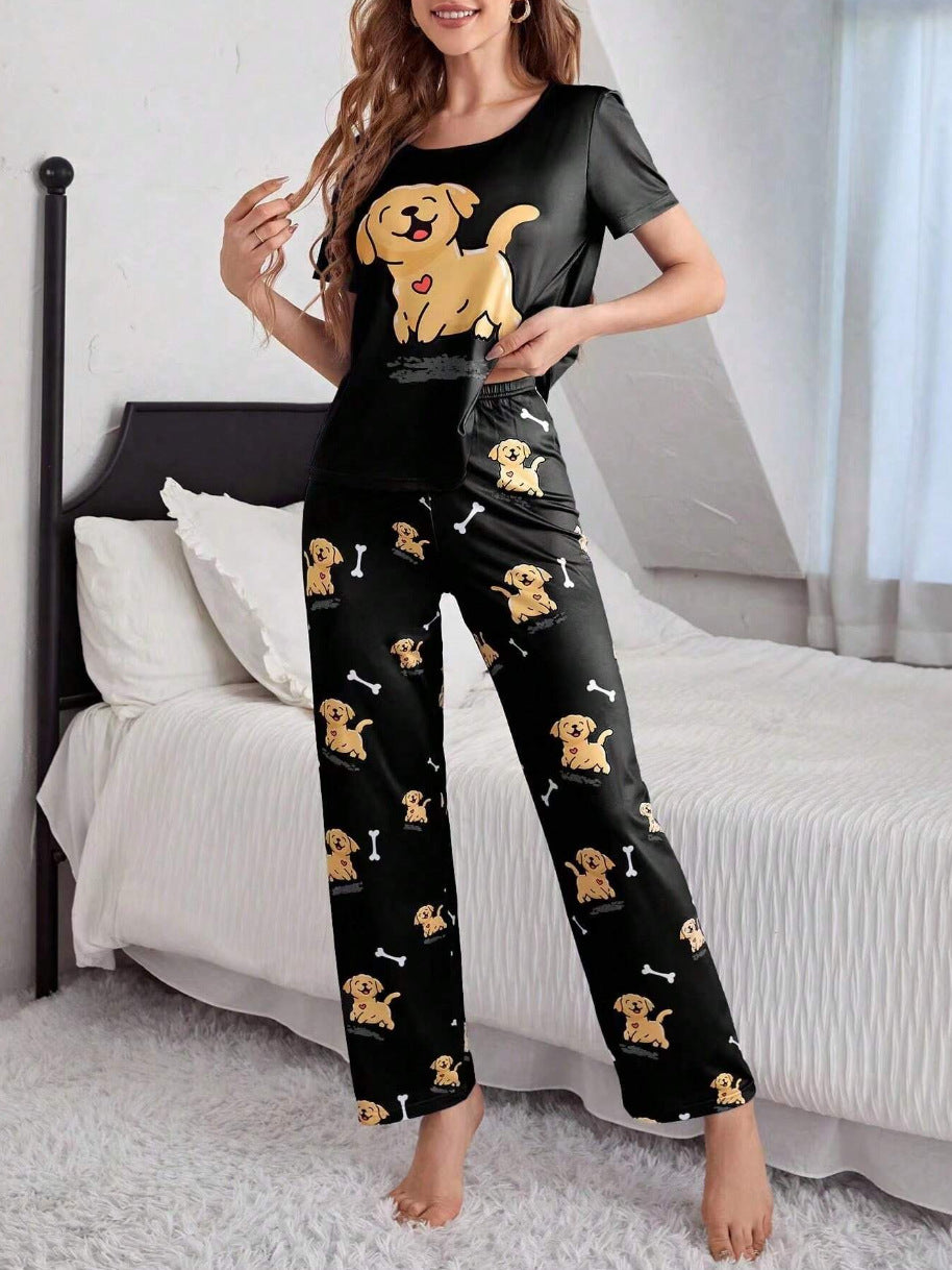 Home Round Neck Printed Short Sleeve T-shirt Top And Trousers Suit