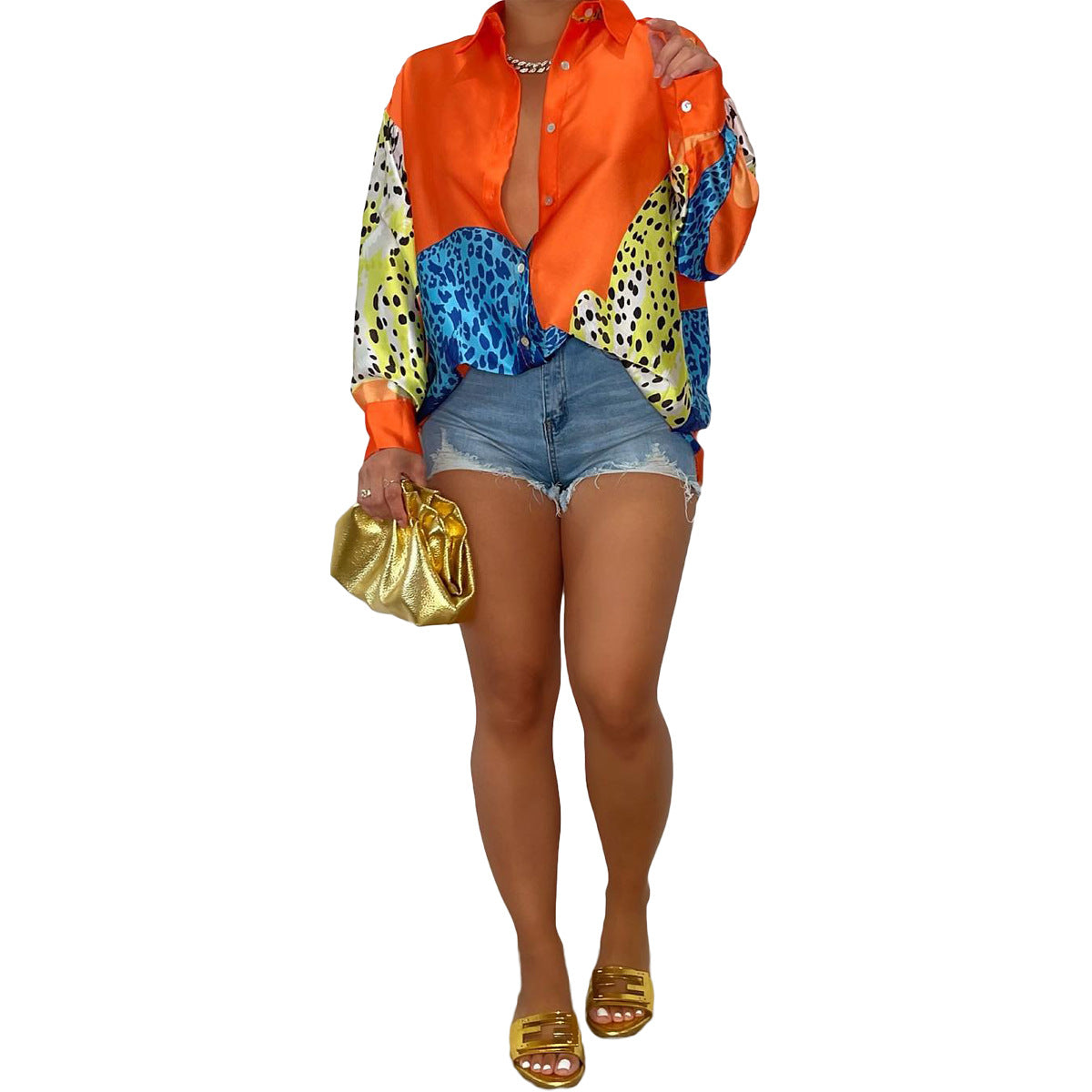 Spring And Summer Leopard Positioning Burning Button Shirt Dress