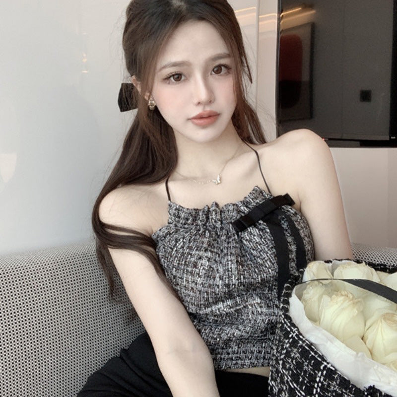 Sleeveless Slim Fit Summer Plaid Halter Bow Sling
