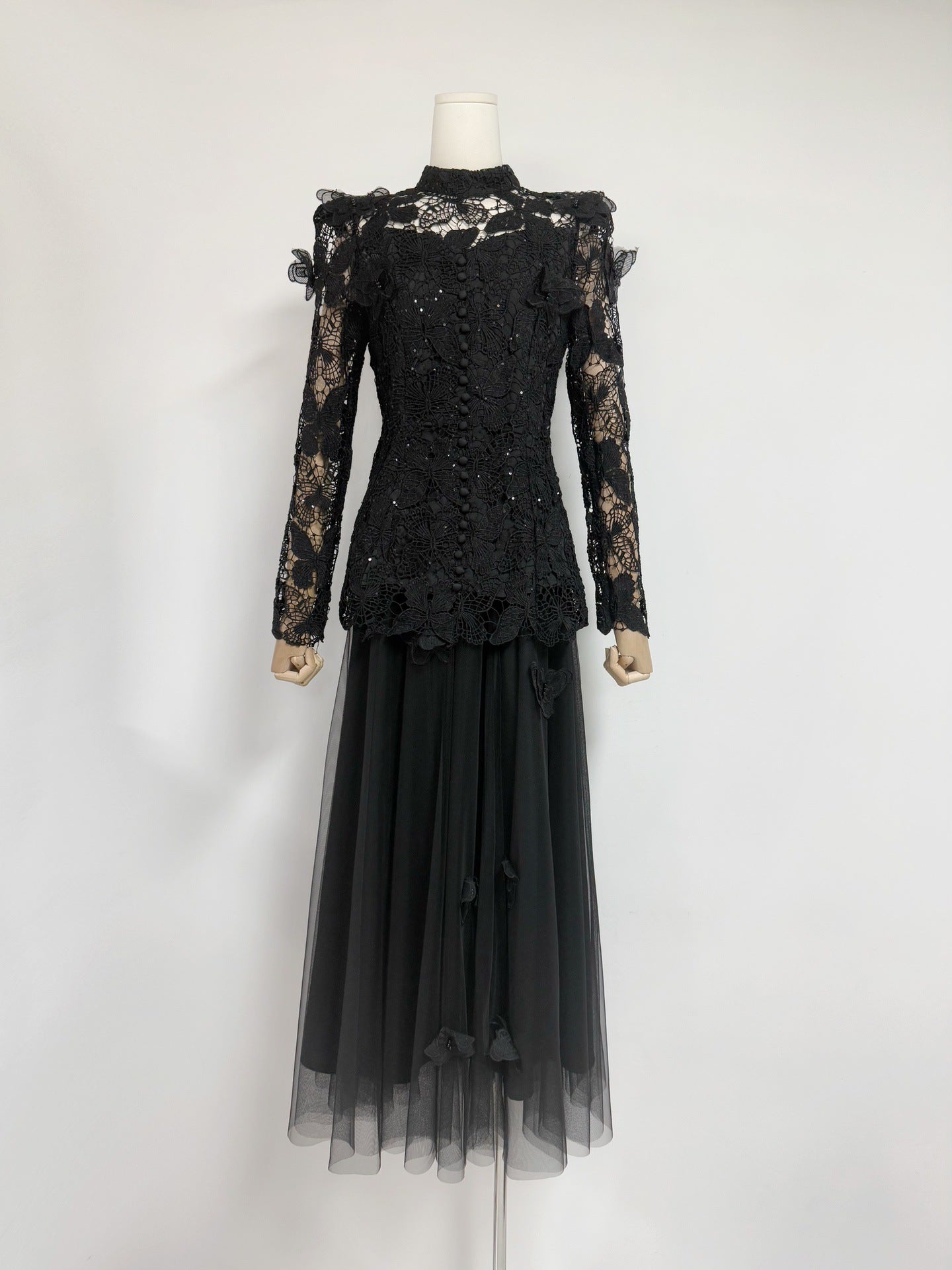 Womens Lace Jacquard Patchwork Top And Mesh Skirt Set