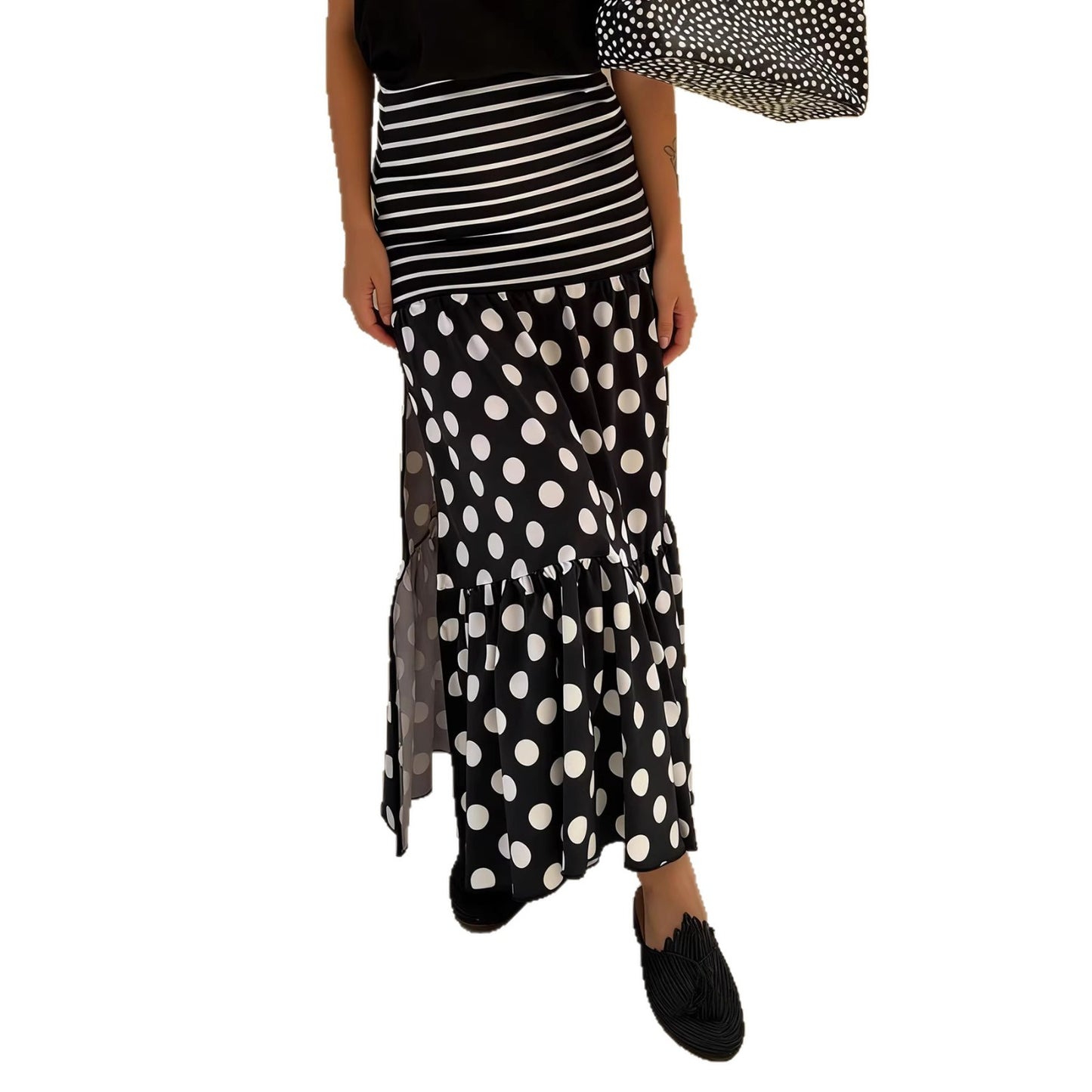 Striped And Polka-dot Long Skirt With A Slit