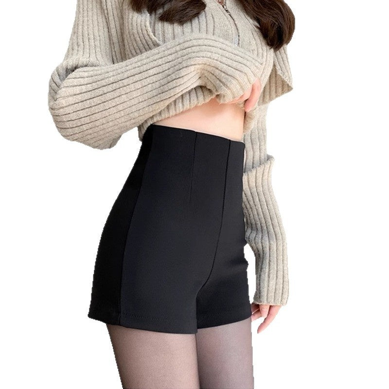 Black Thickened And Fleece-lined Shorts For Women Autumnwinter Petite Style High Waist