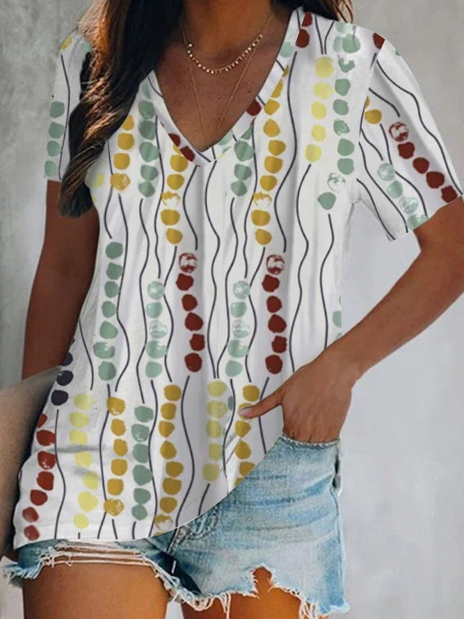 Women's Summer Casual Color Loose Sports Style 3D Printed Short Sleeve V-neck T-shirt