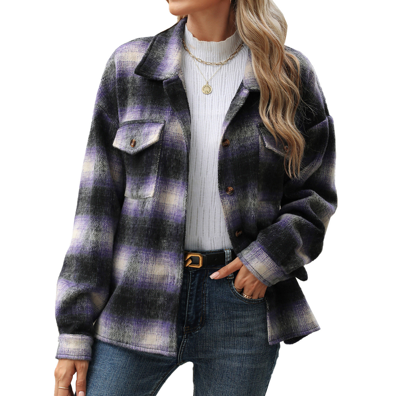 Polo Collar Stripes Plaid Pocket Loose Long-sleeved Woolen Coat