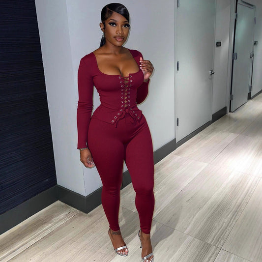 Women's Sexy Girl Chest Tie Long Sleeve Long Pants Solid Color Slim Two-piece Set