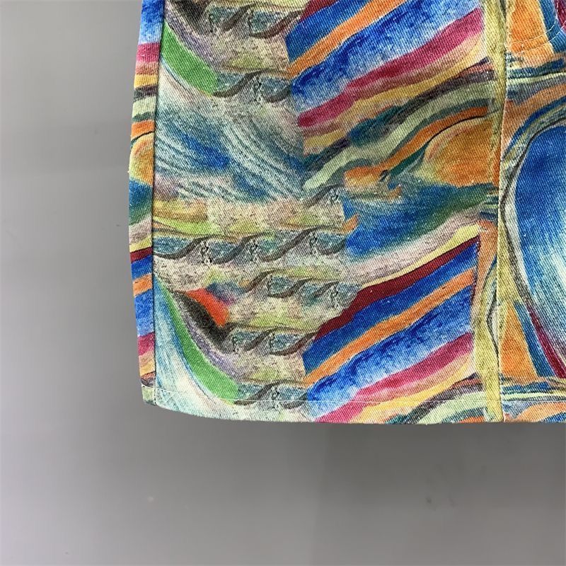A-formet denimnederdel til kvinder med højt taljebånd og print