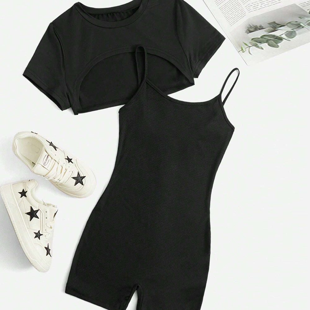Chic Short Romper Jumpsuit Set With Spaghetti Straps