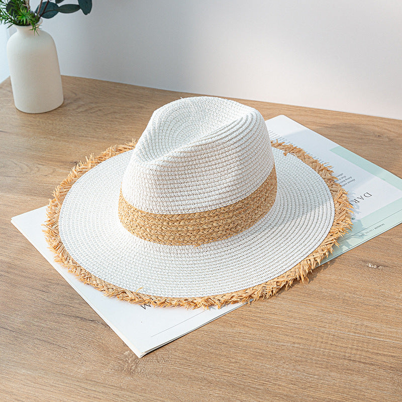 Retro Colorblock Raw Edge Sunscreen Straw Hat