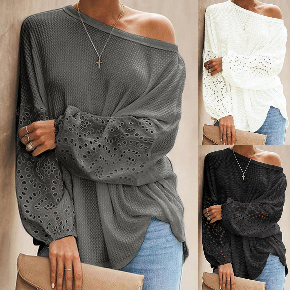 Europæisk og amerikansk løs, diagonal krave, udhulet langærmet off-shoulder top