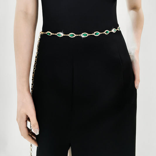 Women's Waist Chain High Touch Crystal Emerald Set Fine Metal Chain Everything Dress Elegant Jewelry Accessories