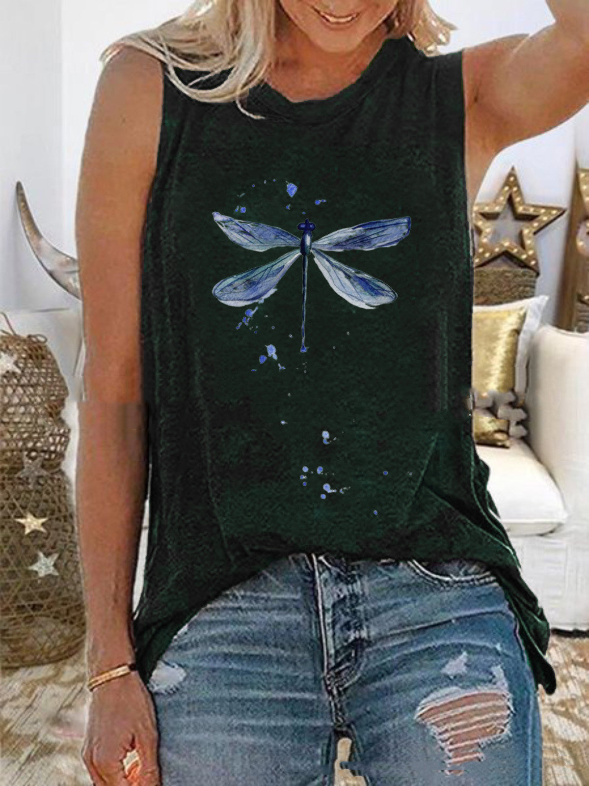 European And American New Dragonfly Print Sleeveless Vest