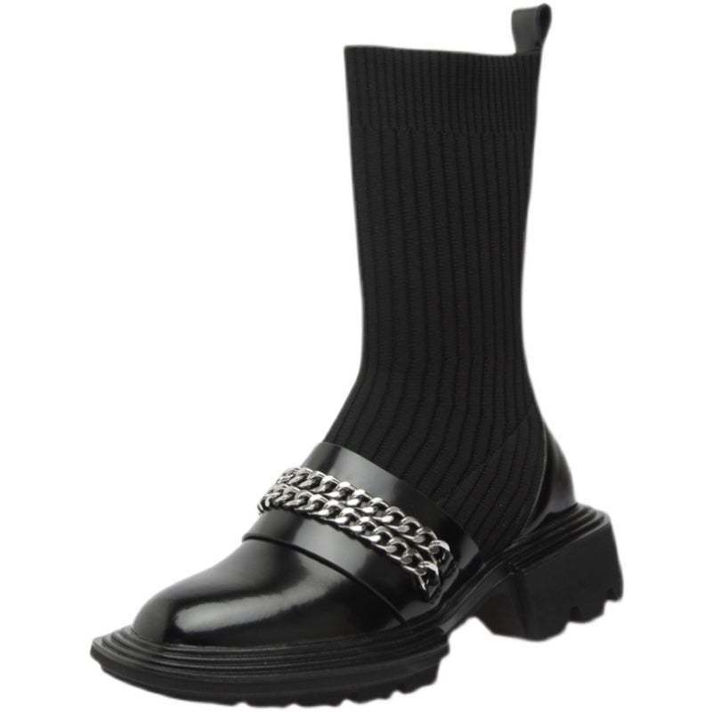 Women's Shoes Leather Knitted Stitching Thin Mid-tube Elastic Socks