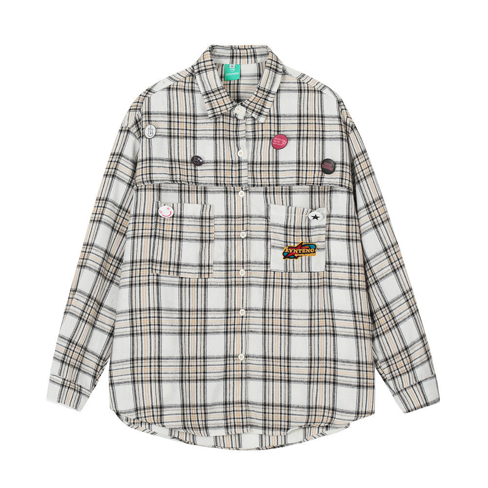 American Fashion Brand Badge Plaid Long Sleeve Shirt Outer Wear