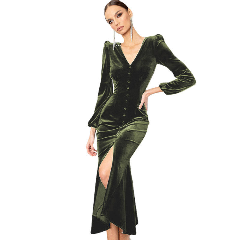 Knitted V-neck Padded-shoulder Long-sleeve Dress