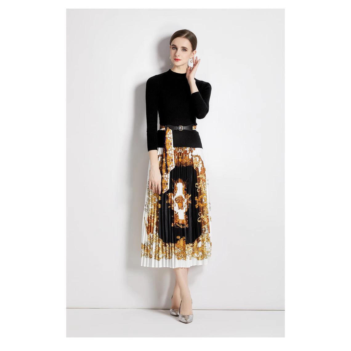 Fashion Women Stand Collar Slim-fit Knitwear Two-piece Set