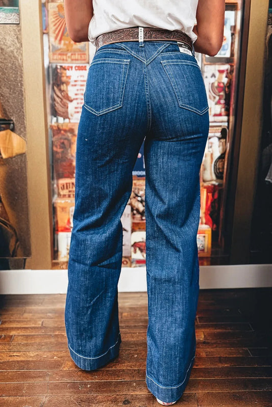 Sail Blue Stitched Waist Detail Loose Cuffed Jeans