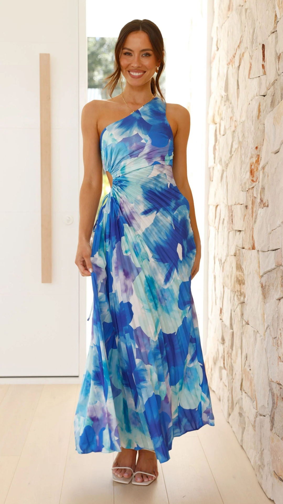 Printed Fashionable Sexy Off-Shoulder Ruched Hollow-Out Dress