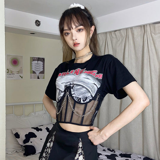 Metal Kæde Mesh Print Fake Todelt Punk Croptop
