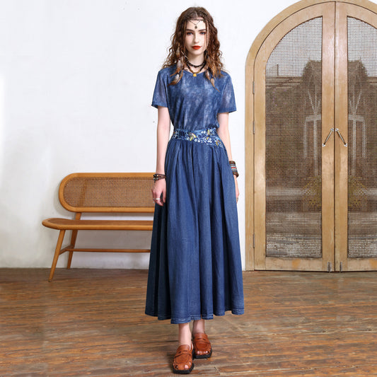 Women's Embroidery Versatile Retro Thin A-line Long Skirt