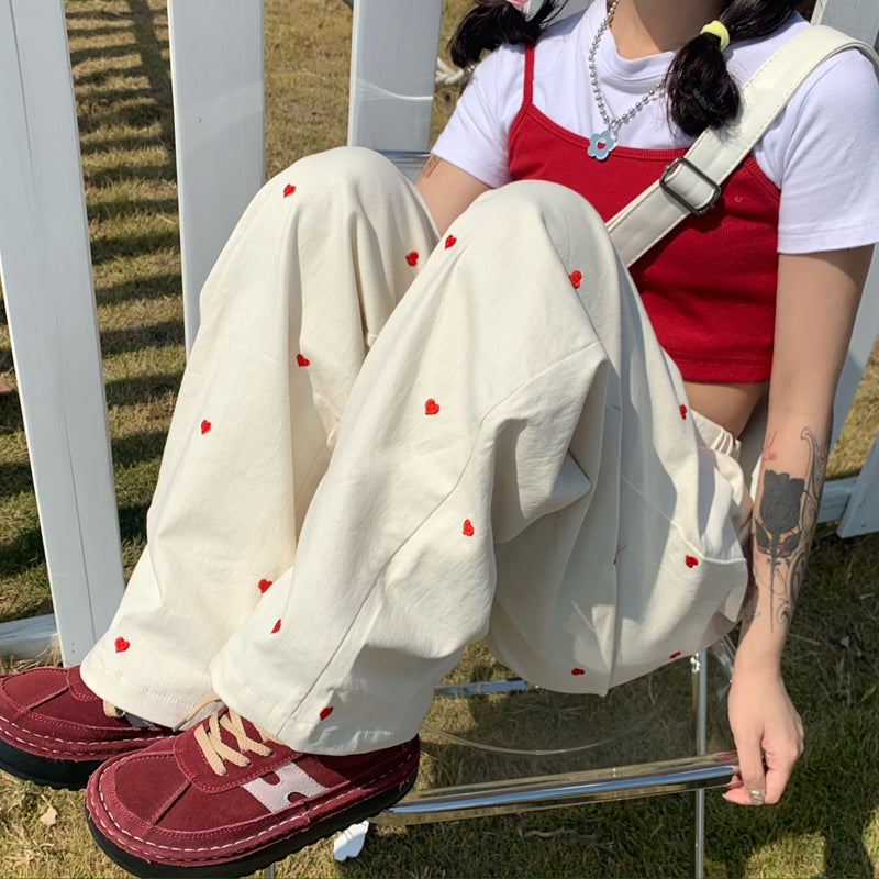 Love Embroidered Straight Leg Wide Leg Pants With Loose Fit