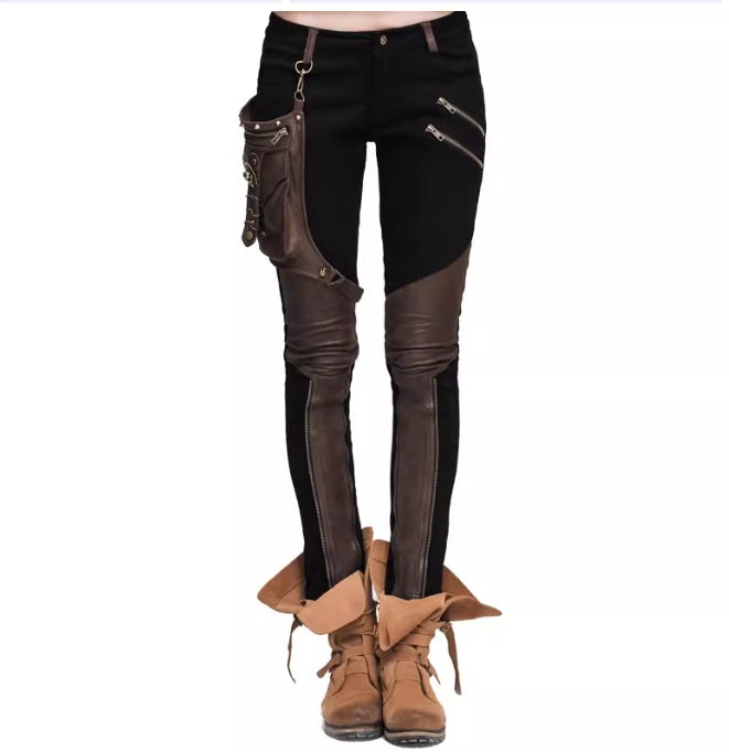 Street-style Punk And Western Rock Patchwork Solid-color Pencil Pants For Women