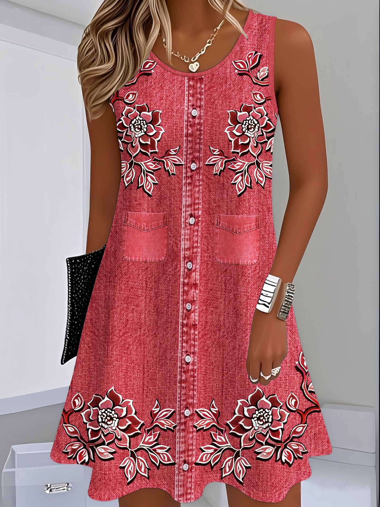 Sleeveless Straight-cut Loose-fitting Digital-print Slip Dress