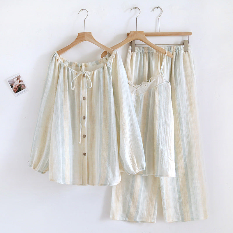 New Cotton Crepe Three-piece Pajamas Women's Homewear Suit